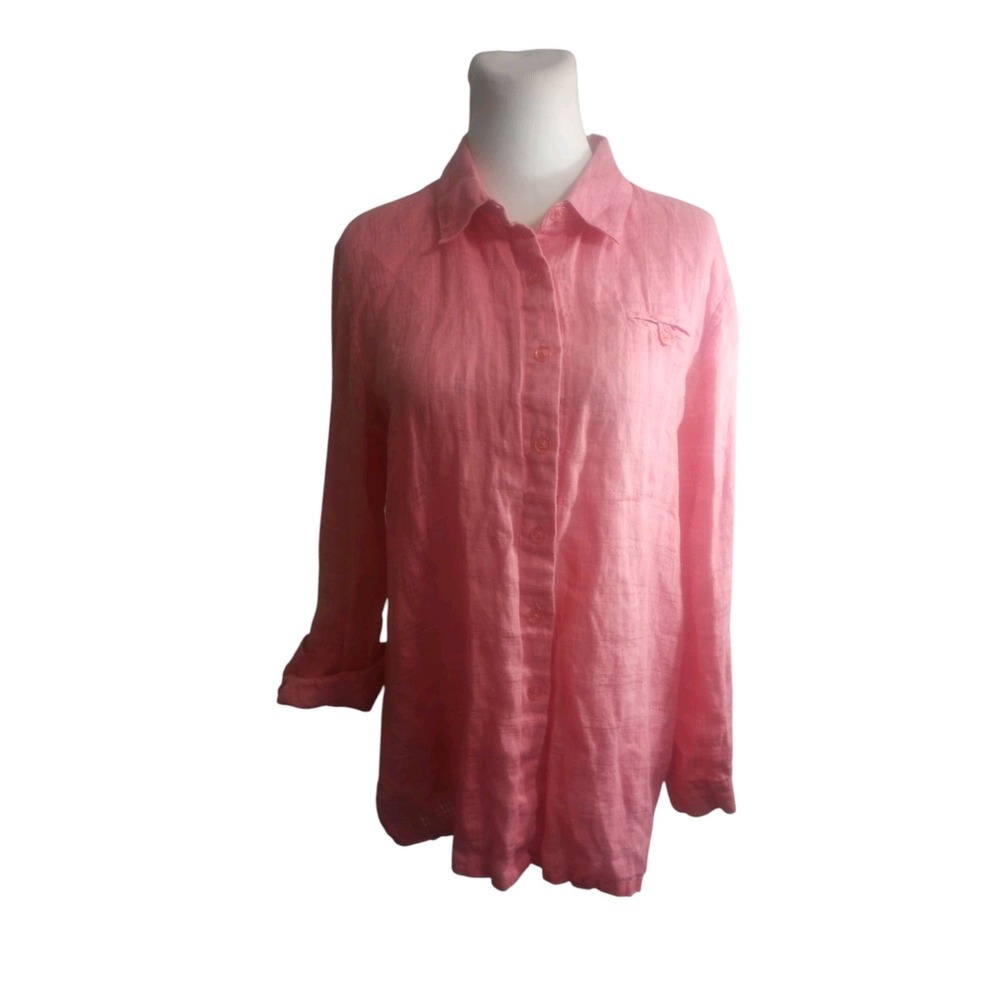 Sag Harbor Roll Tab Button Up Blouse Womans S Pink Gauzy 100% Linen Classic